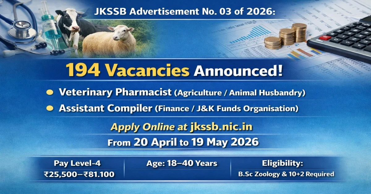 JKSSB Divisional/District Cadre Recruitment 2026 - Apply Online for 194 Veterinary Pharmacist, Assistant Compiler Posts - jobcareer.co.in