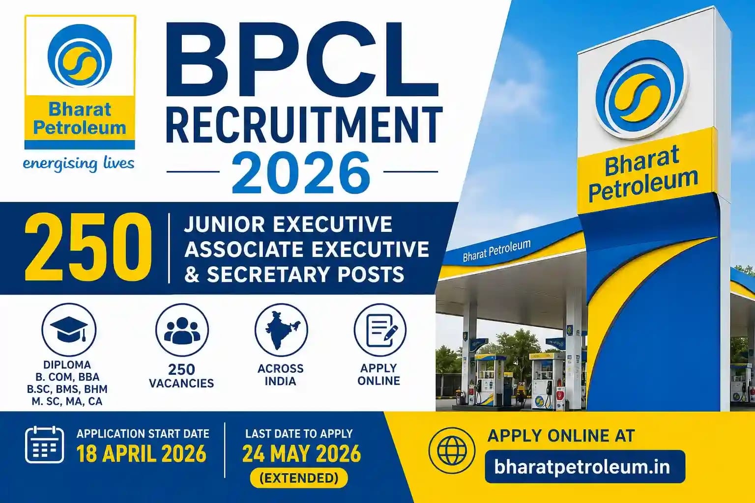 BPCL Recruitment 2026 - Apply Online for 250 Junior Executive, Associate Executive & Secretary Posts - jobcareer.co.in
