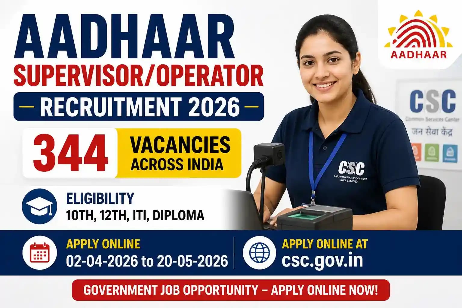 Aadhaar Supervisor/Operator Recruitment 2026 Online Form - Apply Online for 344 Posts - jobcareer.co.in
