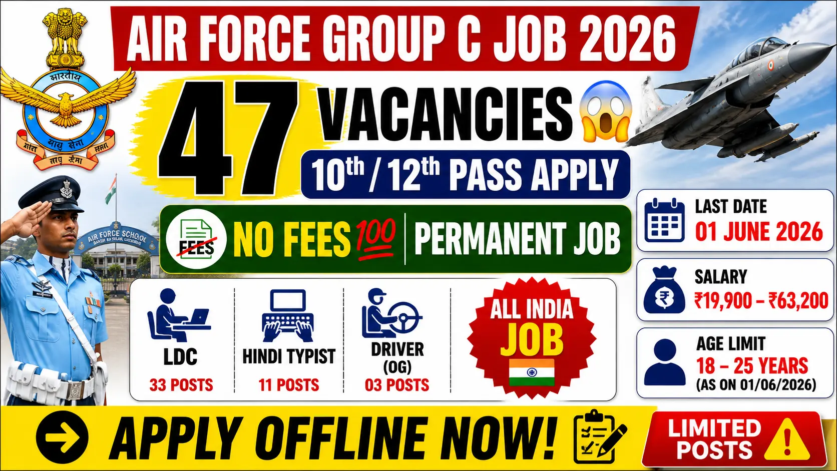 IAF Group C Civilian Recruitment 2026 Notification Out - Apply Offline for 47 LDC, Hindi Typist & Driver Posts - jobcareer.co.in