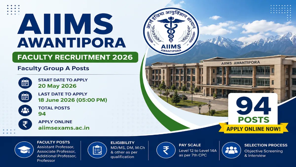 AIIMS Awantipora Faculty Recruitment 2026 - Apply Online for 94 Assistant Professor, Associate Professor and More Posts - jobcareer.co.in