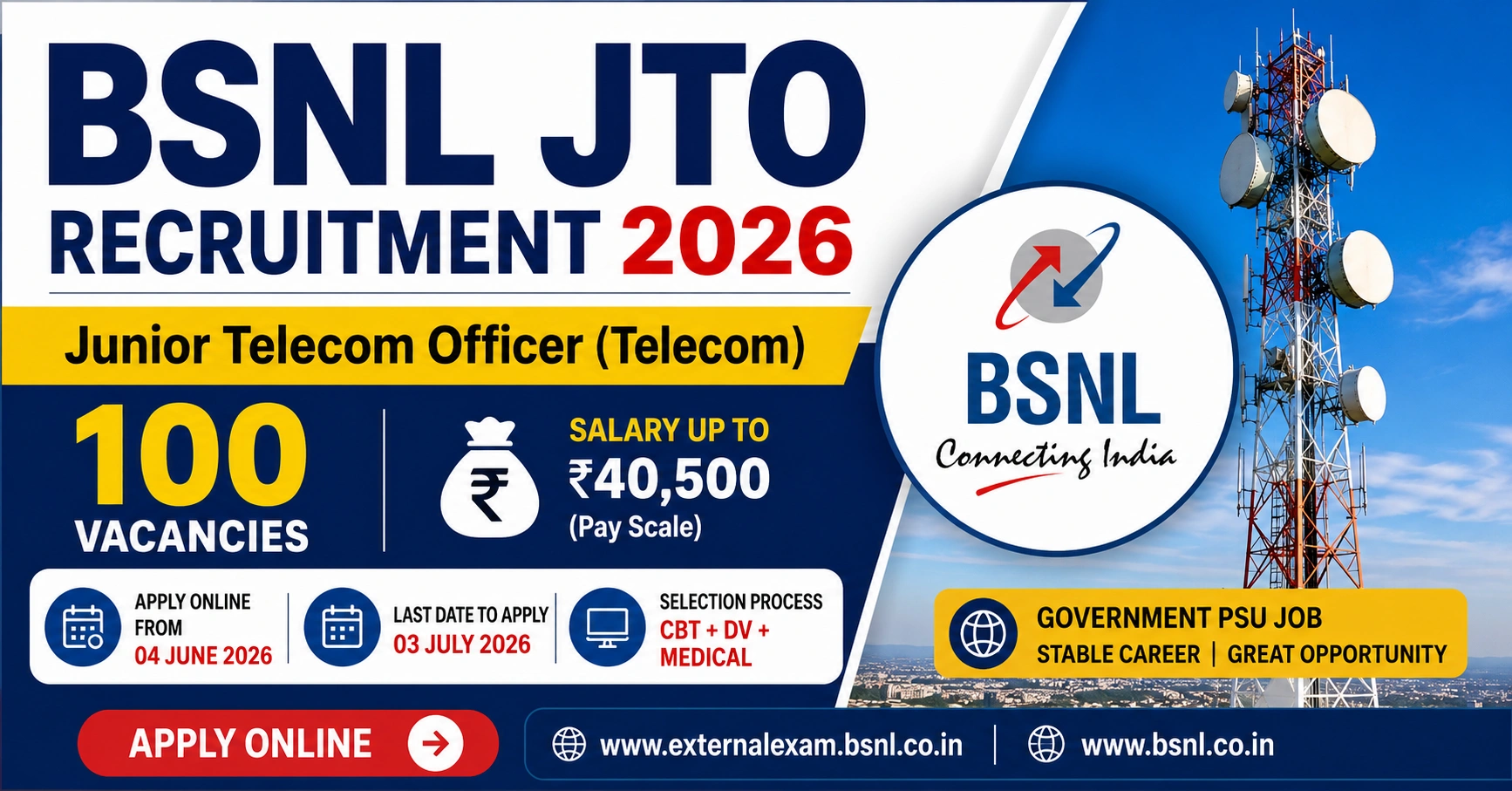 BSNL JTO Recruitment 2026 Notification Out - Apply Online for 100 Junior Telecom Officer Posts - jobcareer.co.in