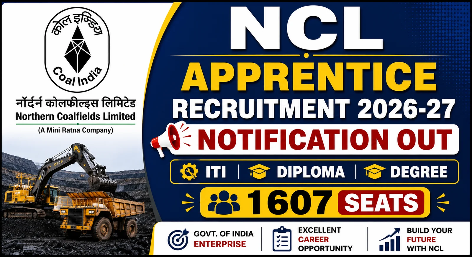 NCL Apprentices Recruitment 2026 Notification Out - Apply Online for 1607 Graduate, Diploma, Trade Apprentice Posts - jobcareer.co.in
