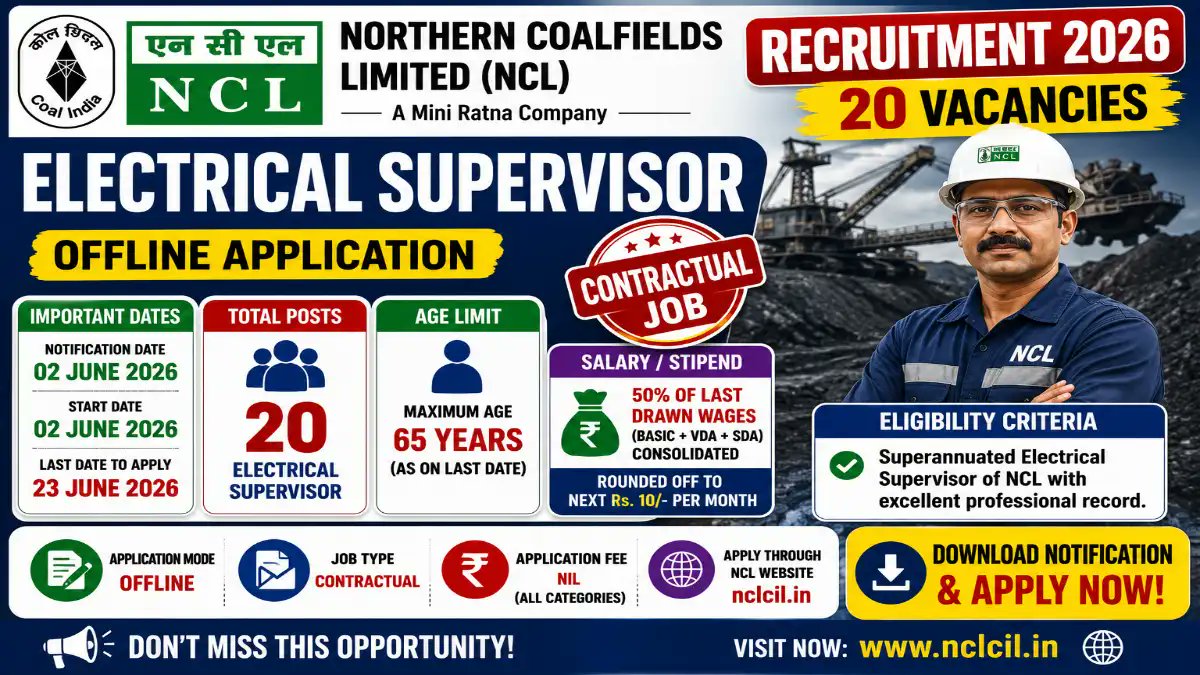 NCL Electrical Supervisor Recruitment 2026 - Apply Offline for 20 Posts - jobcareer.co.in
