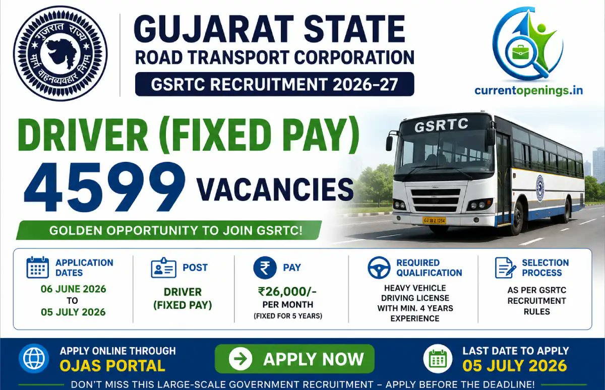 Gujarat GSRTC Driver Recruitment 2026 Notification Out - Apply Online for 4599 Posts - jobcareer.co.in