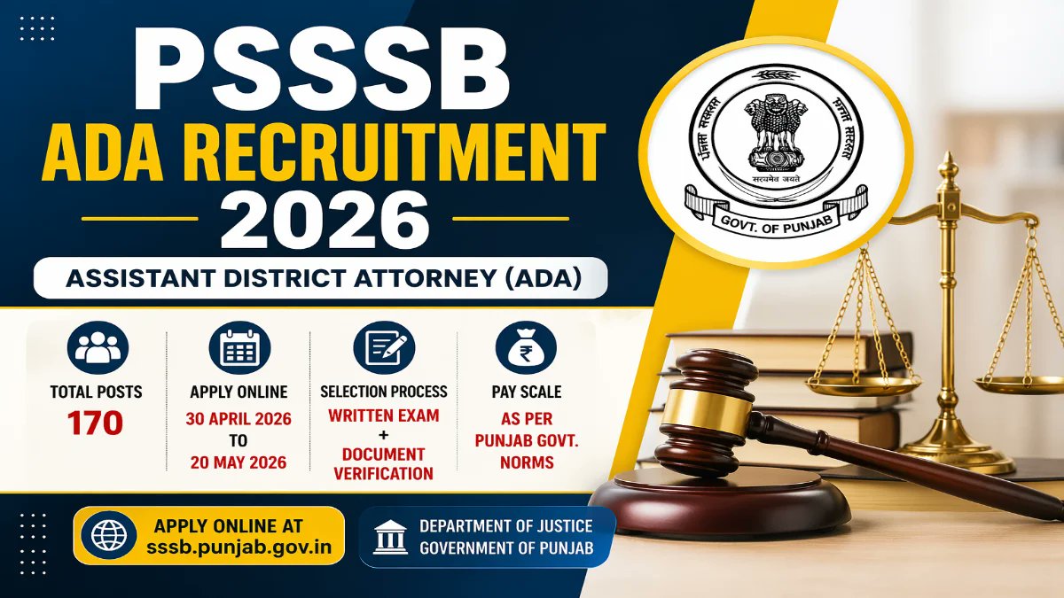 Punjab PSSSB ADA Recruitment 2026 Notification Out - Apply Online for 170 Assistant District Attorney Posts - jobcareer.co.in