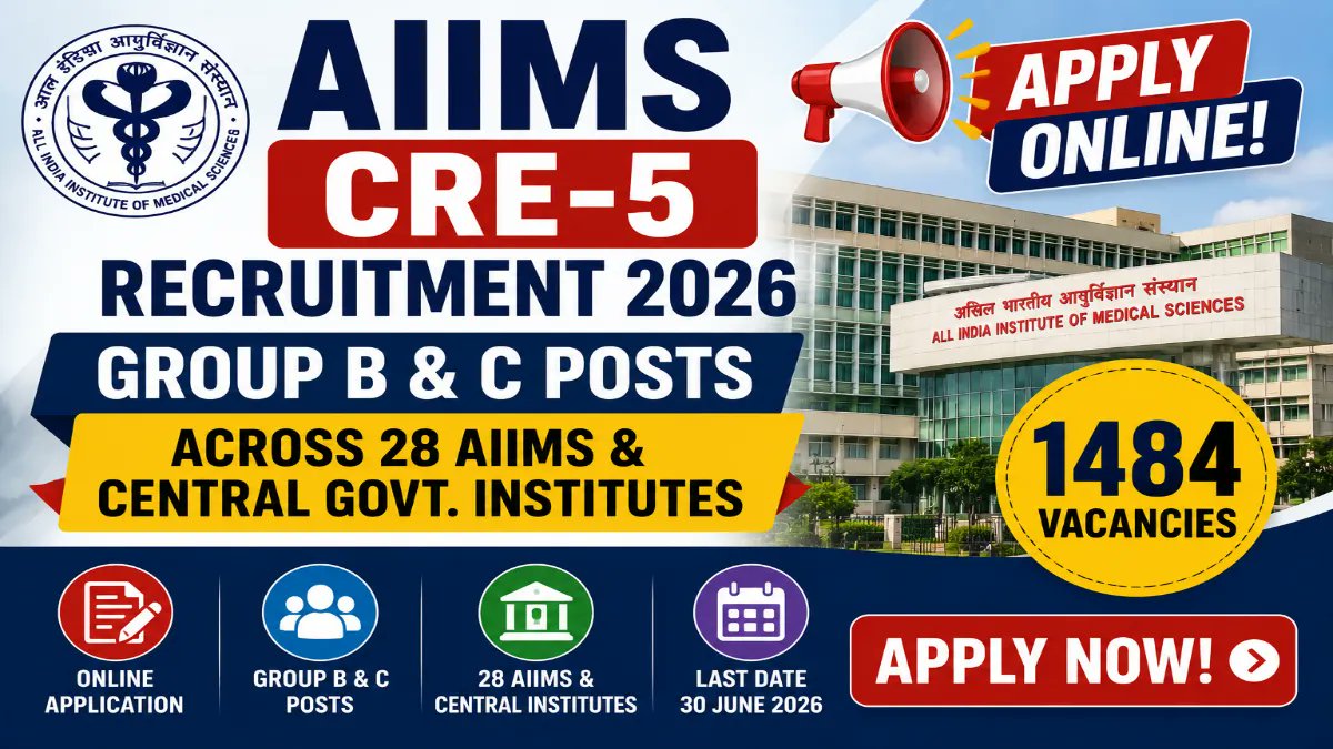 AIIMS CRE-5 Recruitment 2026: Apply Online for 1484 Group B & C Posts Across 28 Central Govt Institutes - jobcareer.co.in