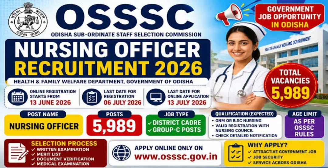 OSSSC Nursing Officer Recruitment 2026 - 5989 Vacancies, Last Date 13 July 2026 - jobcareer.co.in