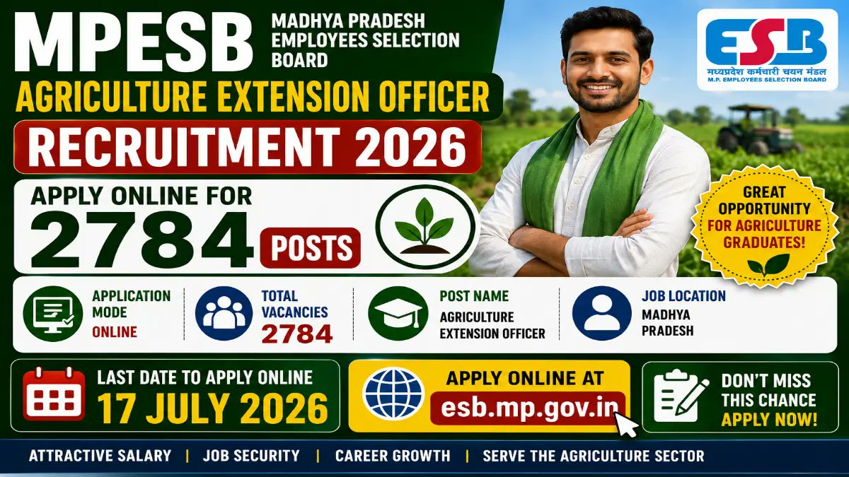 MPESB Agriculture Extension Officer Recruitment 2026: Apply Online for 2784 Posts - jobcareer.co.in