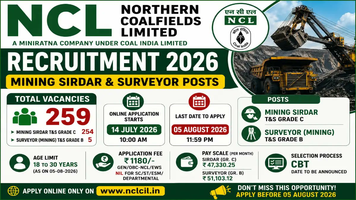 NCL Recruitment 2026: Mining Sirdar & Surveyor Posts, Apply Online from 14 July - jobcareer.co.in
