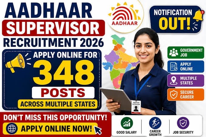 Aadhaar Supervisor Recruitment 2026 Notification Out - Apply Online for 348 Posts Across Multiple States - jobcareer.co.in