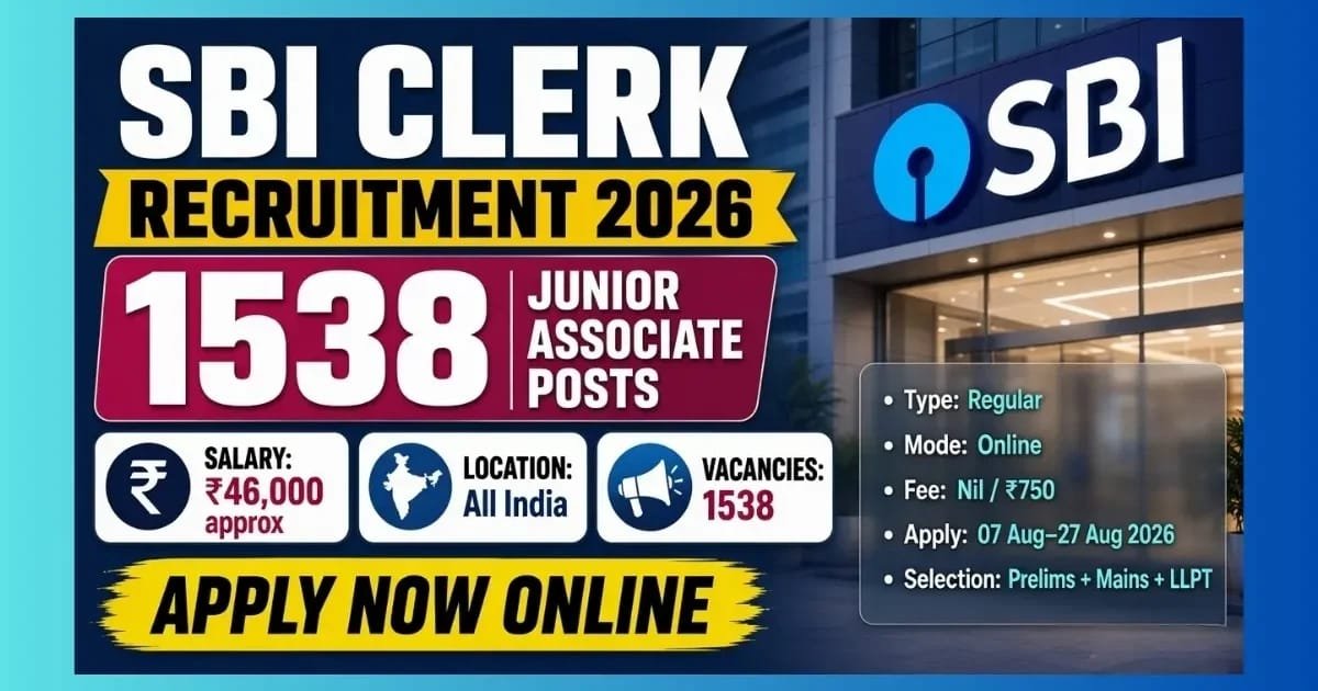SBI Clerk (Junior Associate) Recruitment 2026 Notification Out - Apply Online for 1538 Posts - jobcareer.co.in