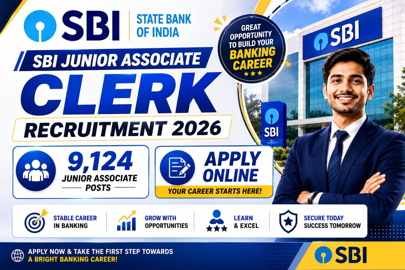 SBI Clerk Recruitment 2026 Notification Out - Apply Online for 9124 Junior Associate (Customer Support & Sales) Posts - jobcareer.co.in