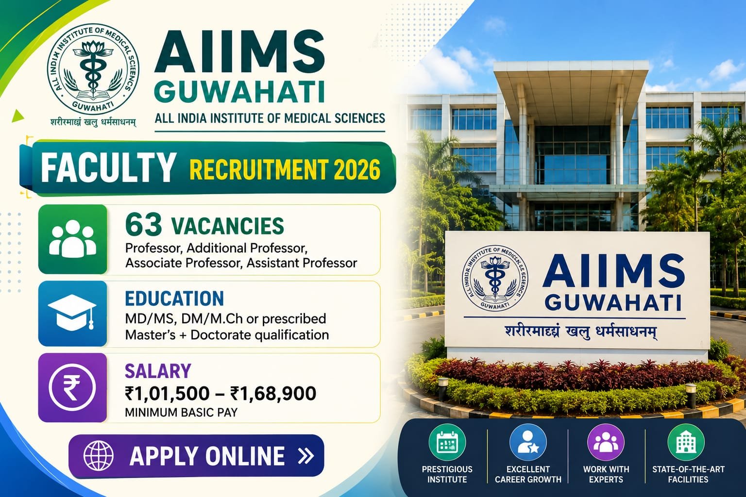 AIIMS Guwahati Faculty Recruitment 2026 - Apply Online for 63 Professor, Assistant Professor and More Posts - jobcareer.co.in