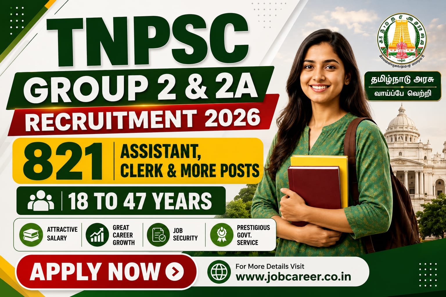 TNPSC Group 2 & 2A Recruitment 2026 Notification Out - Apply Online for 821 Assistant, Clerk and More Posts - jobcareer.co.in