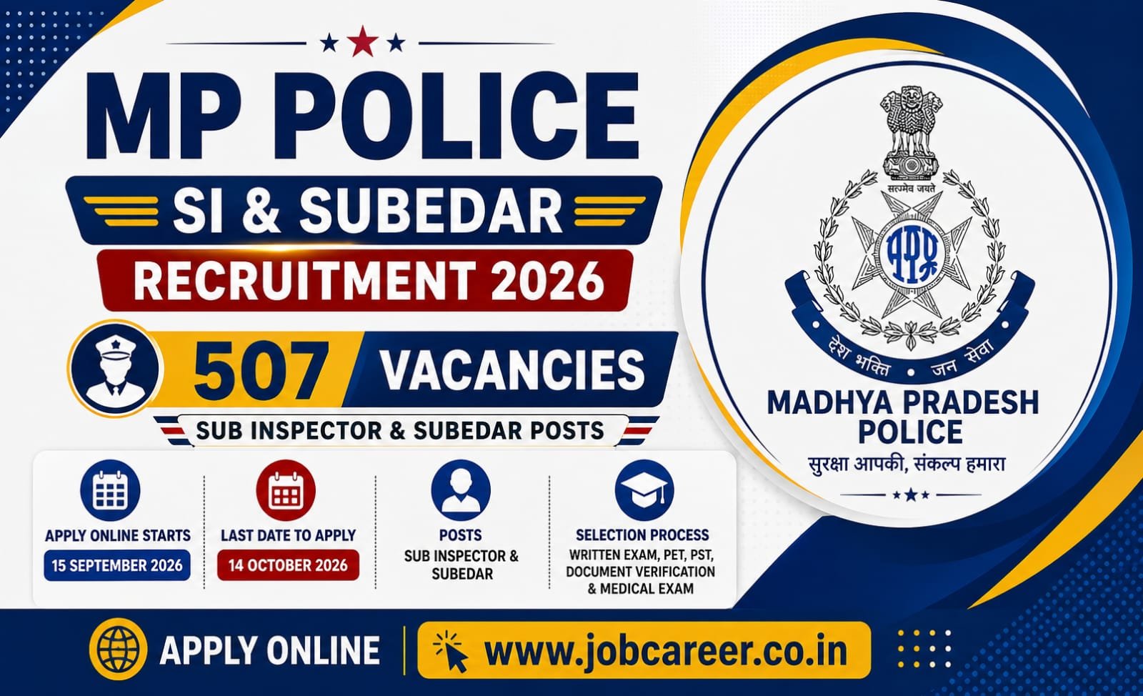 MP Police SI Recruitment 2026 Notification Out - Apply Online for 507 Subedar and Sub Inspector Posts - jobcareer.co.in