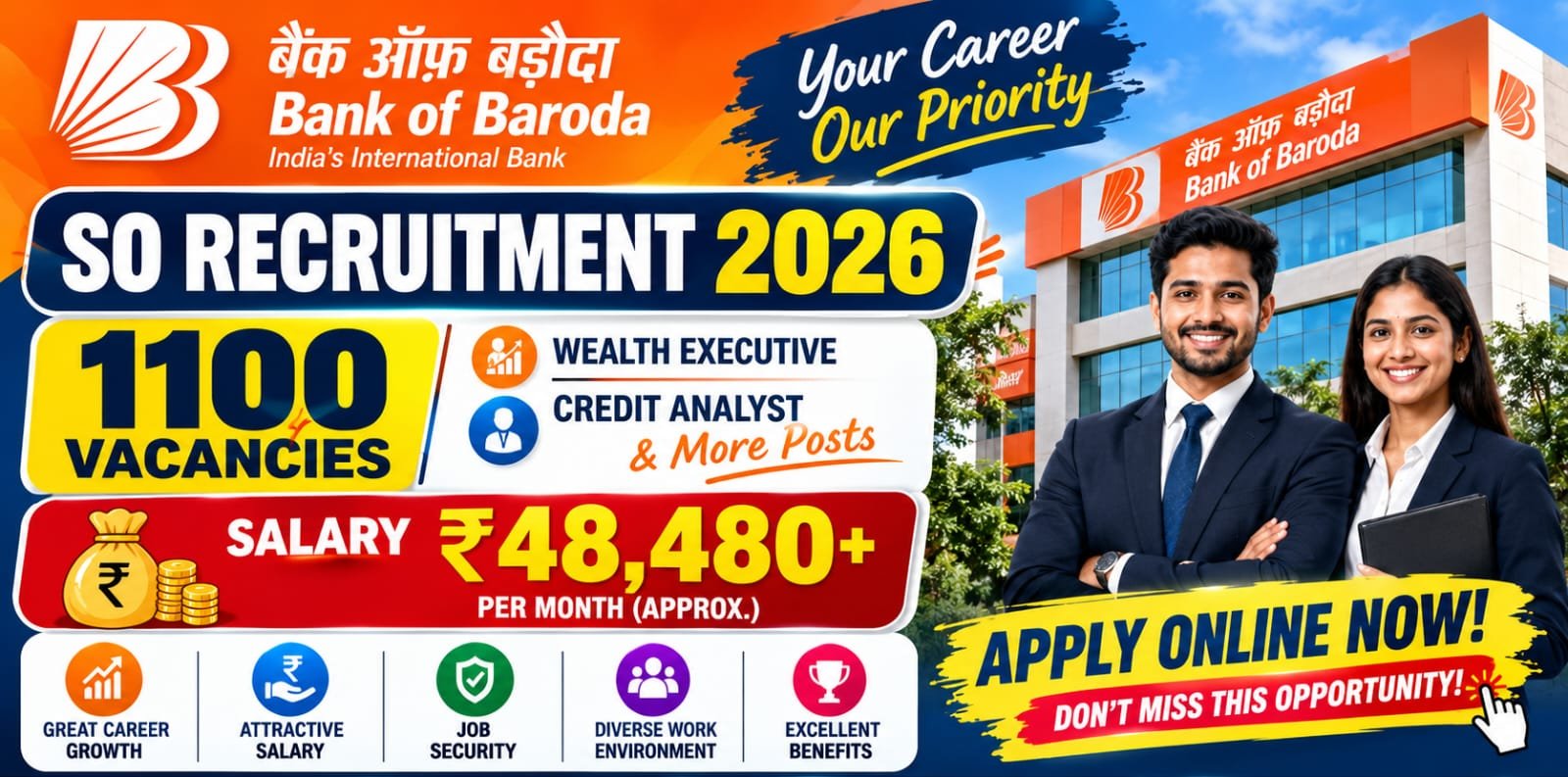 Bank of Baroda SO Recruitment 2026 Notification Out - Apply Online for 1100 Wealth Executive, Credit Analyst Posts - jobcareer.co.in