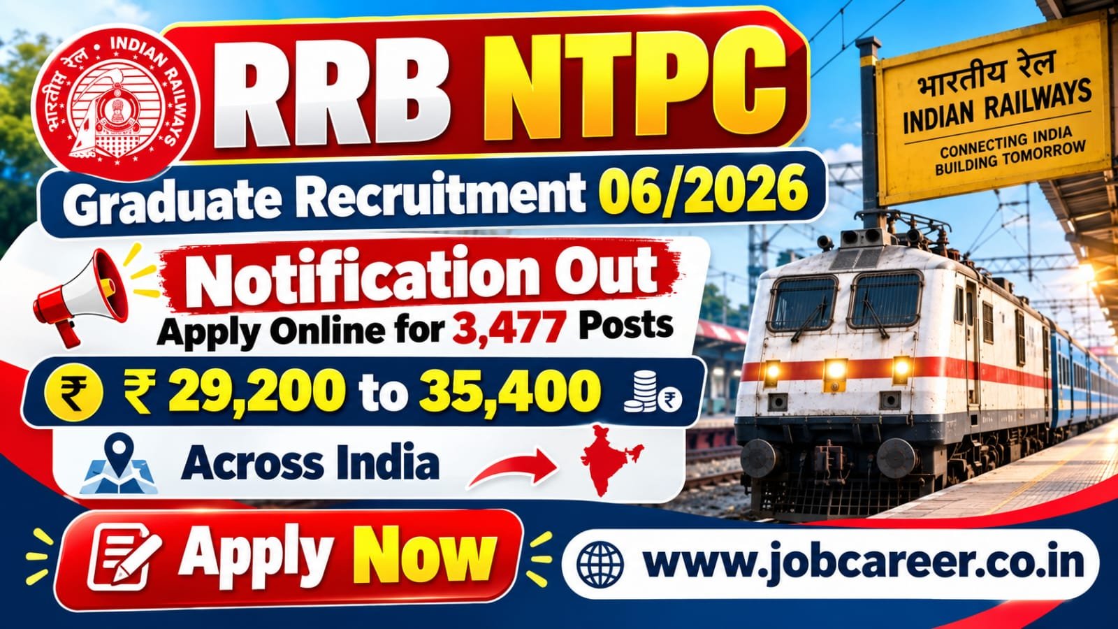 RRB NTPC Graduate Recruitment 06/2026 Notification Out - Apply Online for 3,477 Posts - jobcareer.co.in
